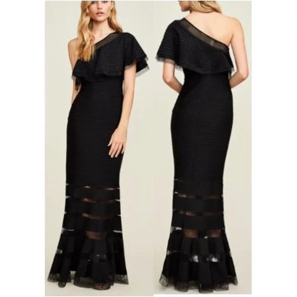 Tadashi Shoji Petites Ruffled One-Shoulder Pintuck Jersey Gown - Black